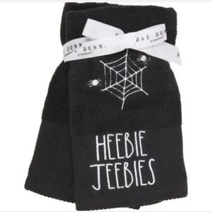 NEW Rae Dunn BLACK Heebie Jeebies Halloween Spider & Cobweb Hand Towels Set of 2